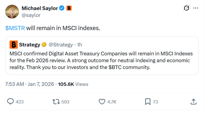 ‘비트코인 전도사’ 세일러의 ‘기사회생’…MSCI, 스트래티지 지수 퇴출 철회